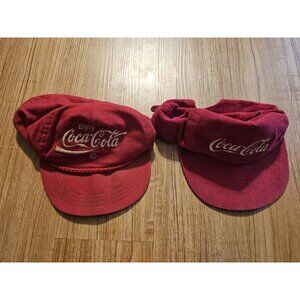 Lot of 2 Vintage Coca Cola Hats Corduroy Red Cap Logo Snapback